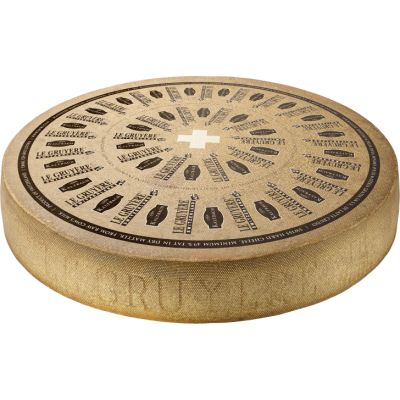 Queijo redondo tipo Gruyère com rótulo castanho e branco