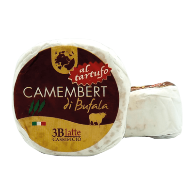 Queijo Camembert de búfala com trufa em embalagem redonda com rótulo castanho e amarelo