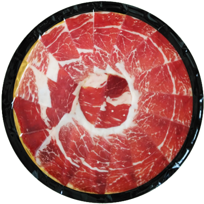 Embalagem redonda com fatias finas de carne curada vermelha e branca