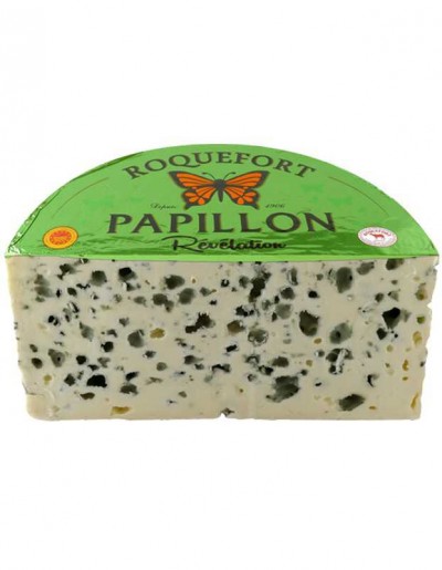 Queijo Roquefort Papillon Revelations com embalagem verde e borboleta laranja