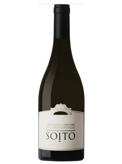 Garrafa de vinho branco Soito 2016 com rótulo branco e texto preto