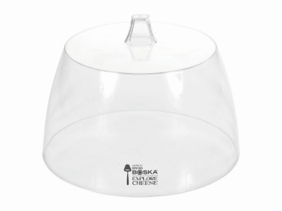Tampa de vidro transparente para queijo com pega no topo e texto BOSKA EXPLORE CHEESE