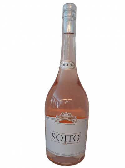 Garrafa de vinho rosé SOITO com rótulo branco e detalhes laranja