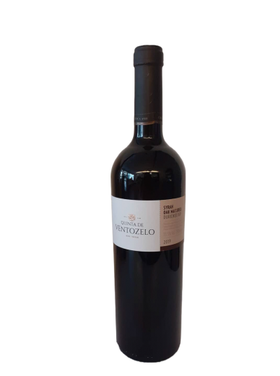Garrafa de vinho tinto Quinta de Ventozelo Syrah 2019 com rótulo branco e castanho