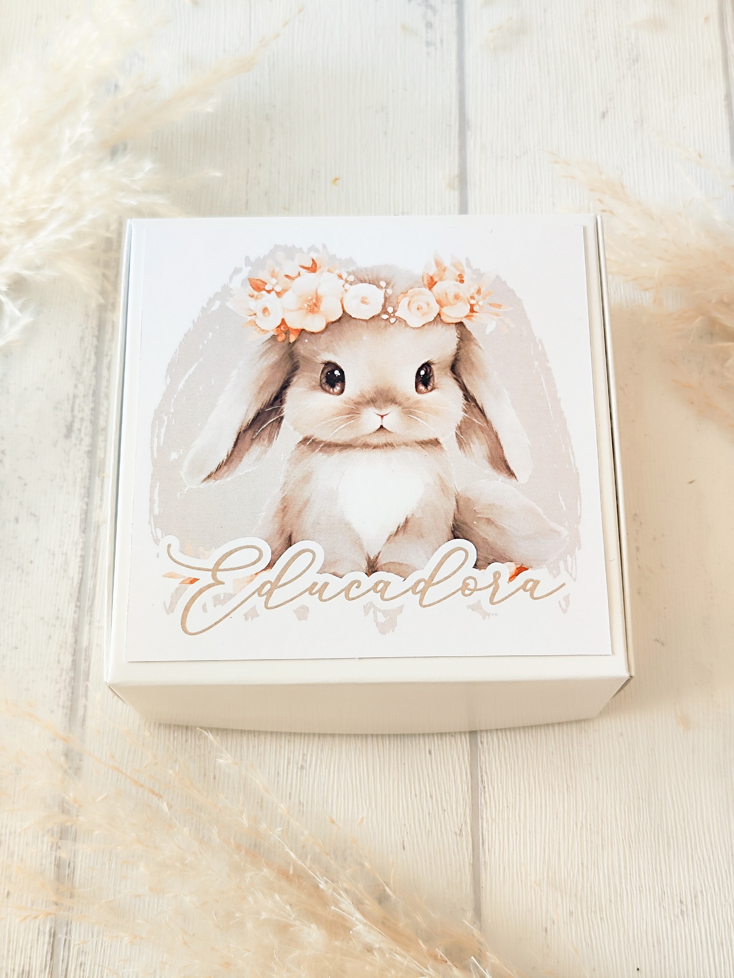 Caixa branca com ilustração de coelho e texto Educadora