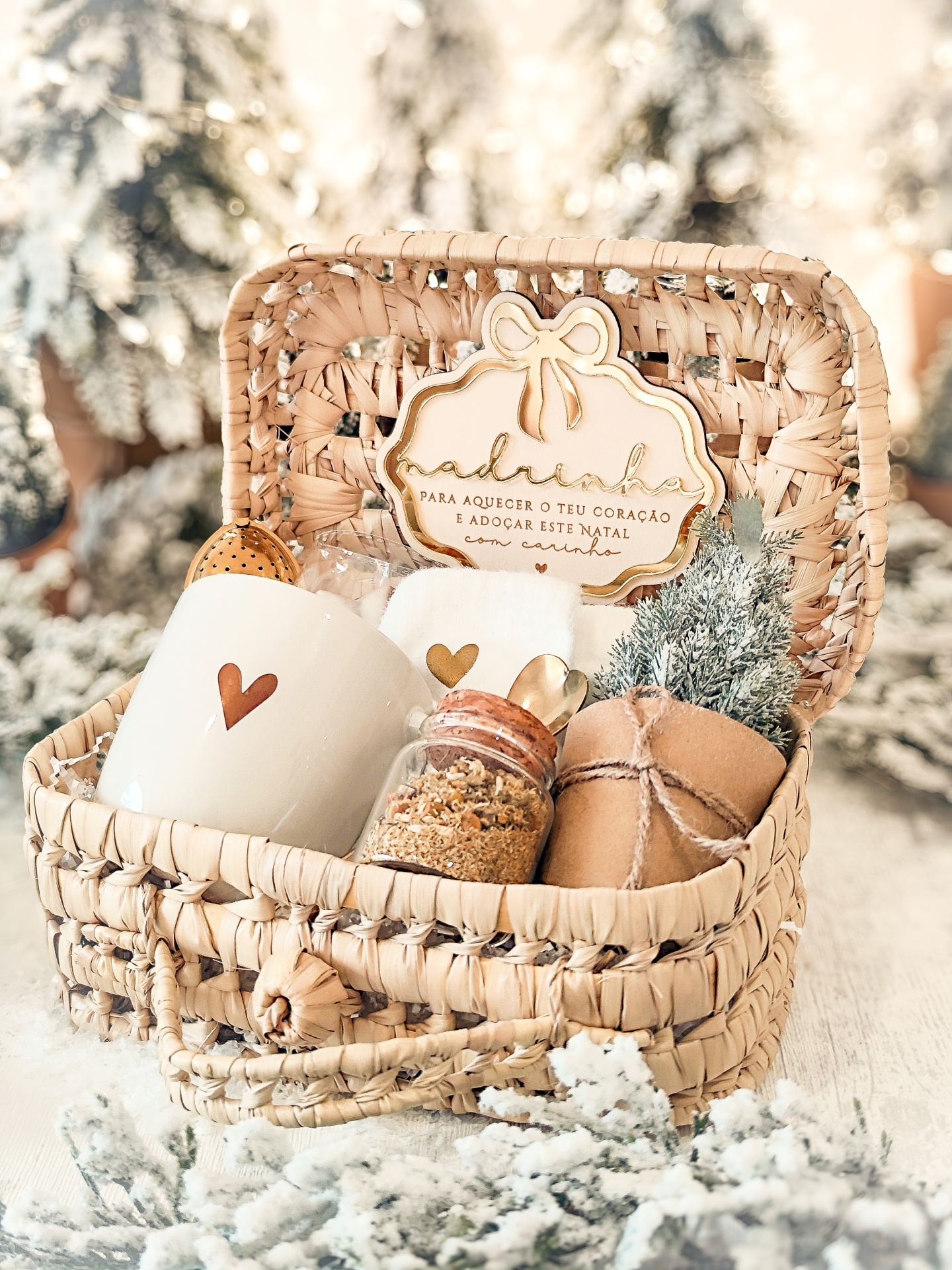 Conjunto de presente de Natal com caneca, frasco, colher, guardanapo e mini árvore em cesto de vime