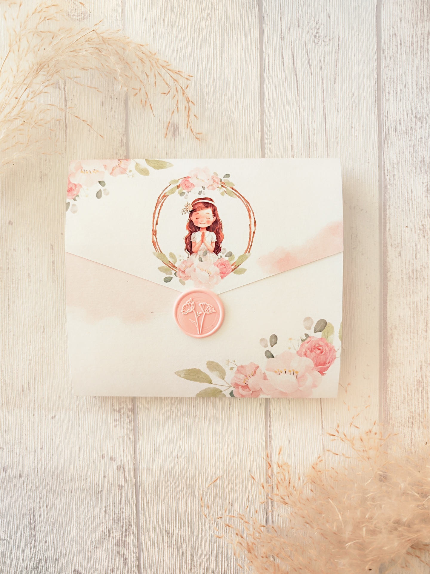 Envelope decorativo branco com ilustração de menina e flores pastel