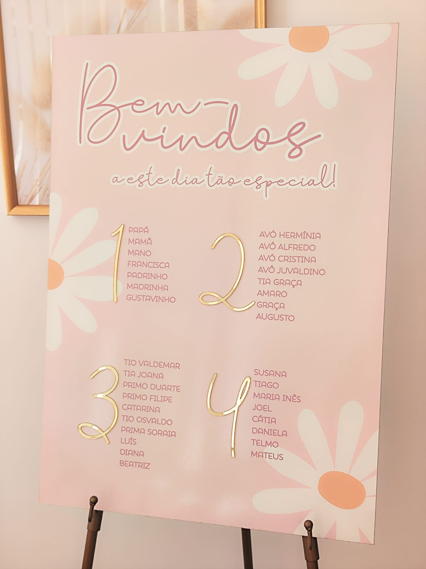 Cartaz de mesa rosa com flores brancas e texto de boas-vindas e listas de nomes