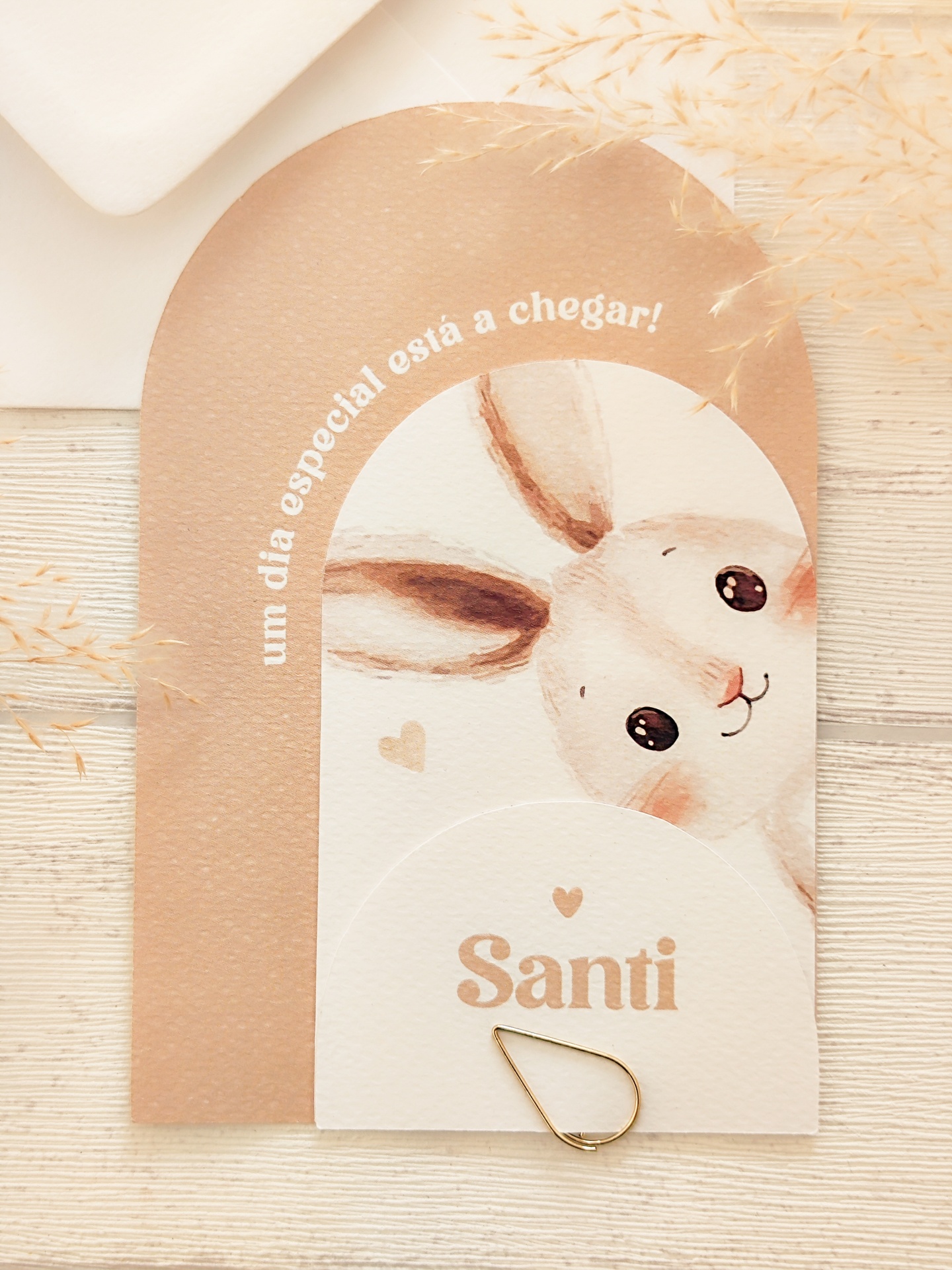 Cartão decorativo com desenho de coelho e texto em português junto a plantas secas