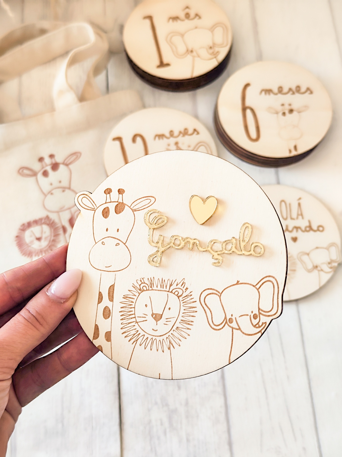 Discos de madeira com ilustrações de animais e textos em português para marcar meses de bebé.