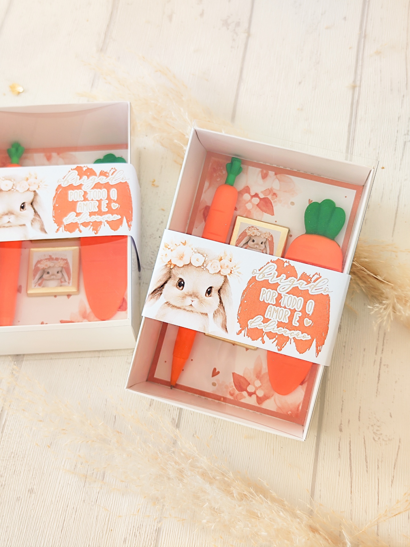 Conjunto de caneta e borracha em forma de cenoura em caixa branca com faixa decorativa e ilustração de coelho