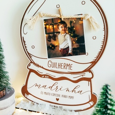 Quadro bola de neve decorativo com fotografia e texto de Natal