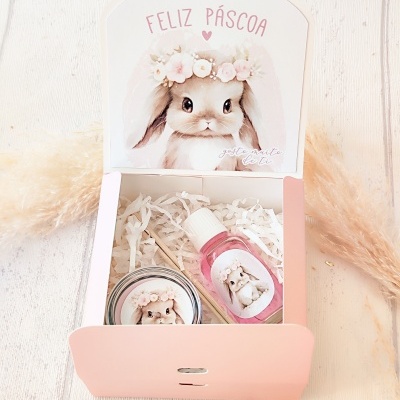 Conjunto de presente de Páscoa com coelho em decoração e texto FELIZ PÁSCOA