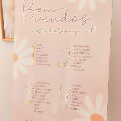 Cartaz de mesa rosa com flores brancas e texto de boas-vindas e listas de nomes
