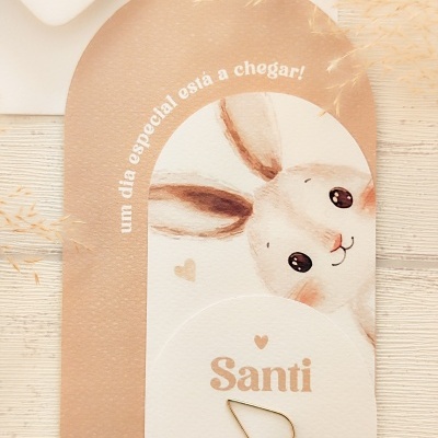 Cartão decorativo com desenho de coelho e texto em português junto a plantas secas