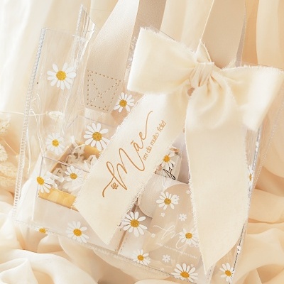 Mala transparente com margaridas, alças bege e laço grande com etiqueta Marie
