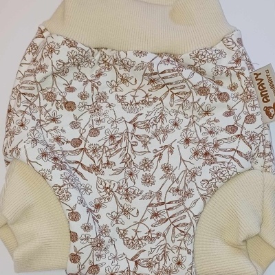 Culote de bebé com padrão floral castanho e detalhes em malha bege