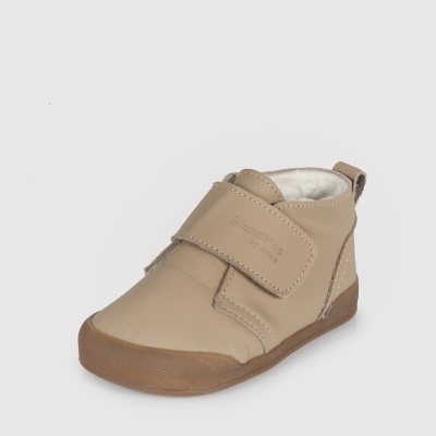 Ténis de pele bege para criança com sola castanha e fecho velcro