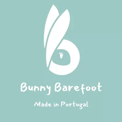 Logótipo Bunny Barefoot, orelhas de coelho e pegada pequena em fundo verde água