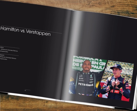 Formula 1 - Os Rivais os Maiores Duelos da F1 Livro aberto com título 'Hamilton vs. Verstappen' e fotos de pilotos de Fórmula 1.