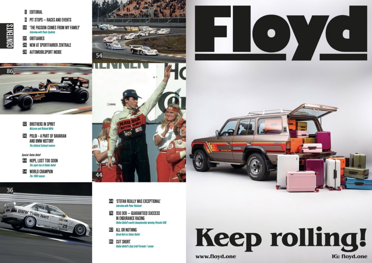 Stefan Bellof (Vol 42 Automobilsport) Capa da revista com SUV e malas coloridas, texto 'Floyd' e 'Keep rolling!'.