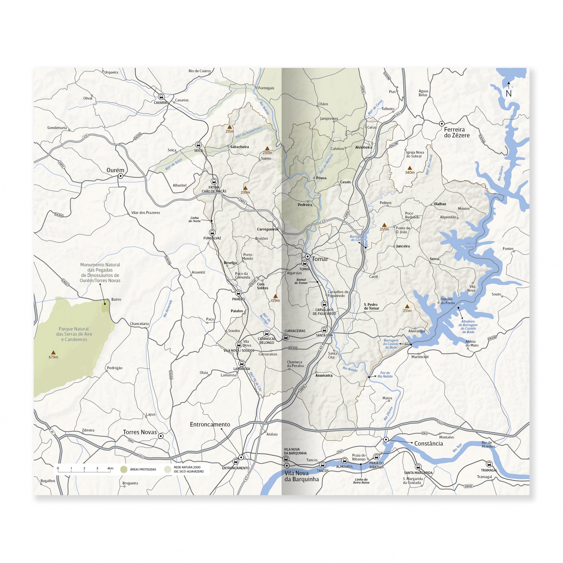 Tomar: A cidade templária Mapa detalhado em papel aberto mostrando regiões, cidades, estradas e áreas de água.