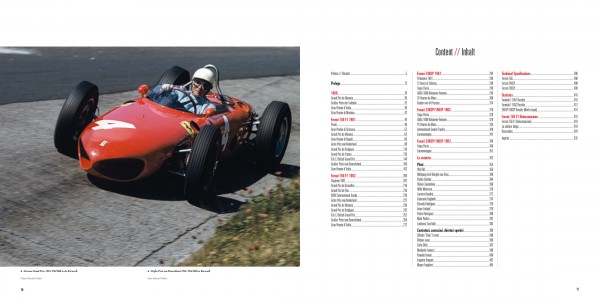 Sharknose V6 - Ferrari 156, 246SP & 196SP Carro de corrida vermelho vintage com duas pessoas a conduzir numa pista e índice de conteúdos ao lado