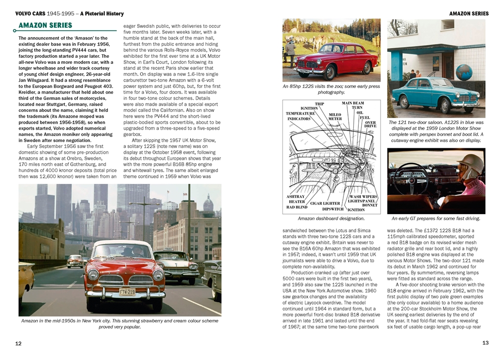 Volvo Cars 1945-1995: A Pictorial History Página de livro com fotos e texto sobre carros Volvo vintage