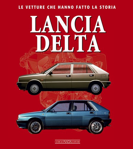 Lancia Delta Poster vermelho com texto e imagens de dois carros Lancia Delta de cores cinza e azul.