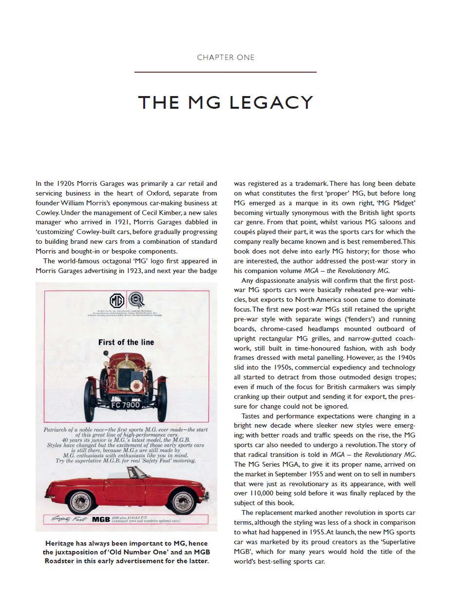 MGB - The superlative MG: Including MGC and MGB V8 Página de texto com título THE MG LEGACY e imagem de carro clássico vermelho MGB