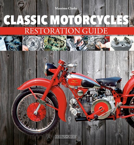 Classic Motorcycle Restoration Guide Livro 'Classic Motorcycles Restoration Guide' com motocicleta clássica vermelha na capa