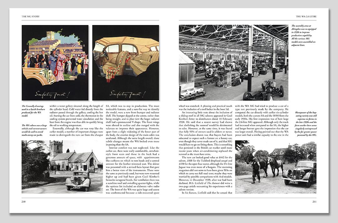 MG Story 1923-1980 Páginas de revista com fotografias e texto em inglês com títulos manuscritos 'Goodbye garage!' e 'Goodbye truck!'