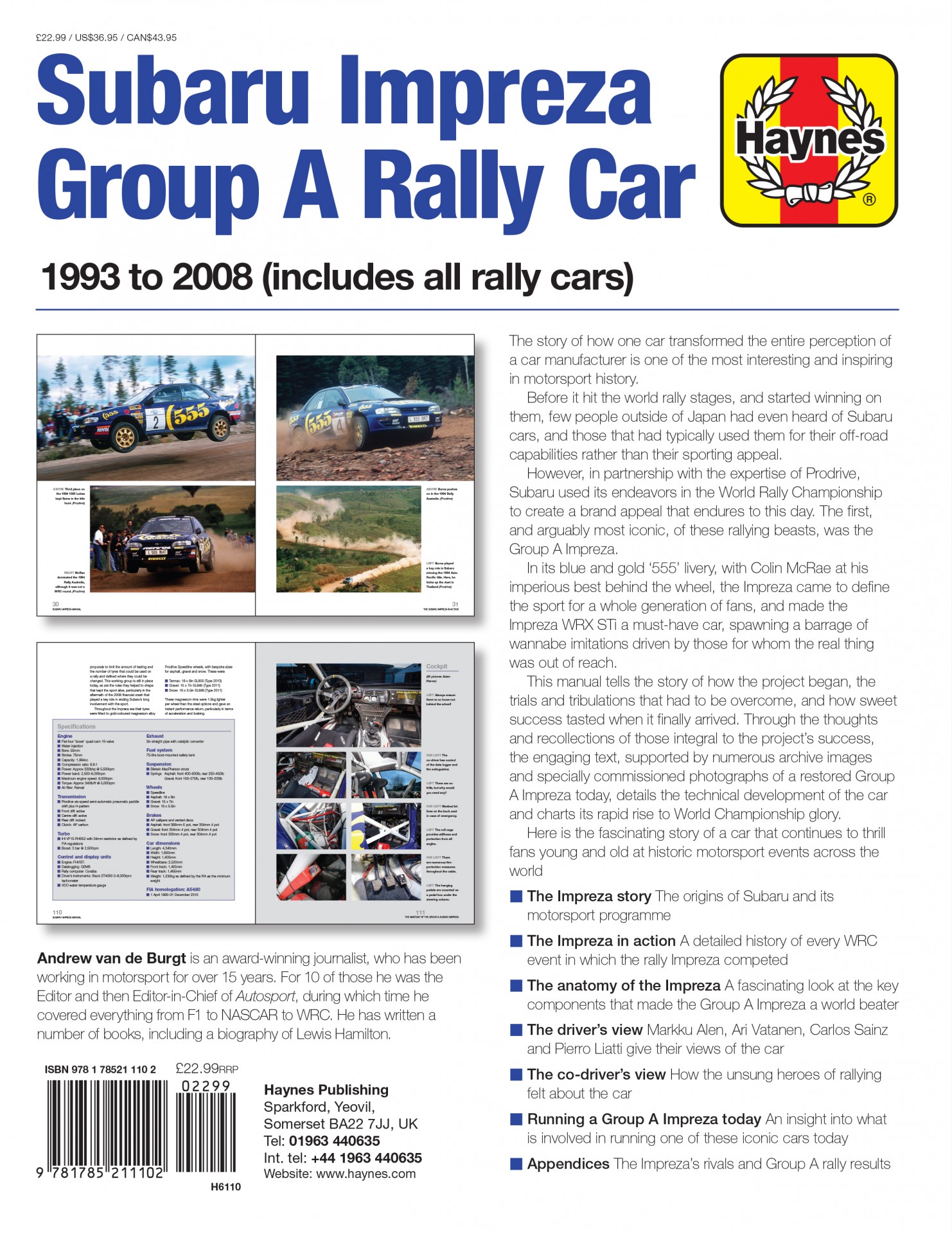Subaru Impreza Group A Rally (1993-2008) Capa de livro Subaru Impreza Group A Rally Car com fotos do carro em corrida e logotipo Haynes