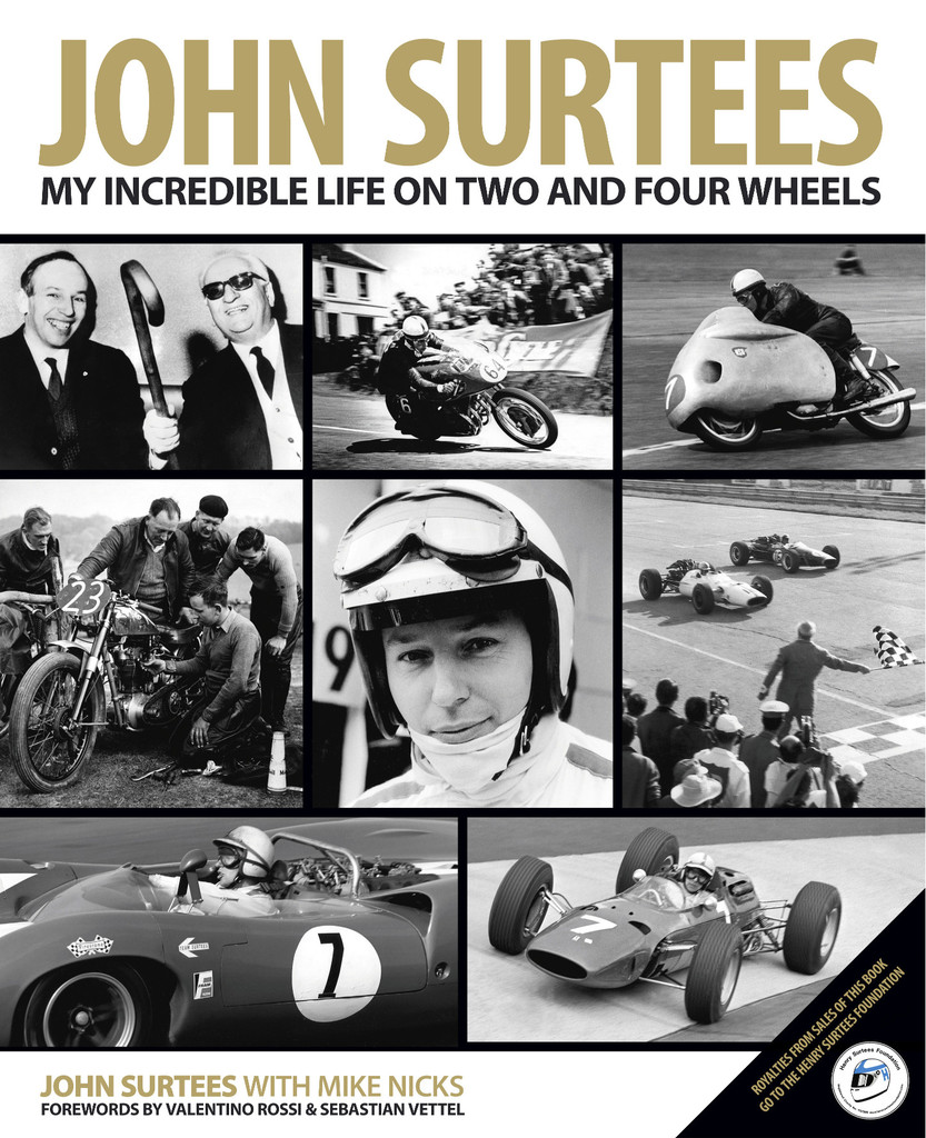 John Surtees: My Incredible Life on 2 & 4 wheels Capa do livro com fotos em preto e branco de corridas de motos e carros