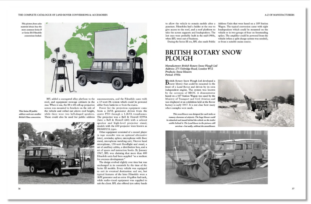 Complete Catalogue Land Rover Conversions & Accessories Página de revista com texto e fotos de veículos Land Rover com lâminas de remoção de neve