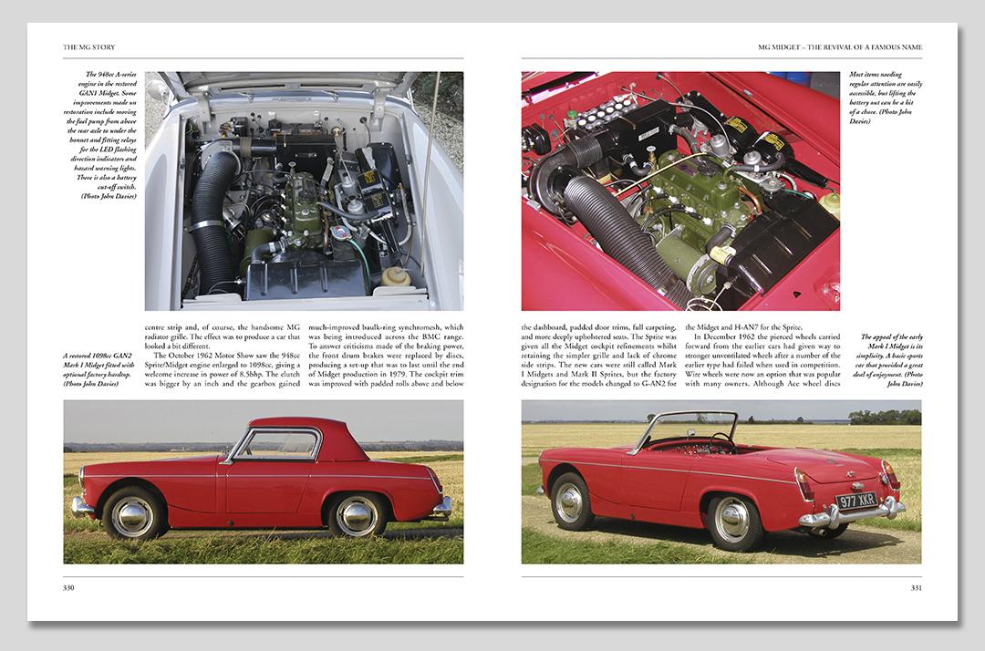MG Story 1923-1980 Duas páginas de revista com fotos e texto sobre carro clássico vermelho e seu motor.