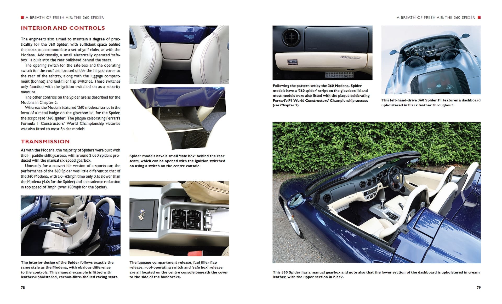 Ferrari 360: The complete story Interior de carro desportivo azul com estofos em couro creme e preto e painel com inscrições