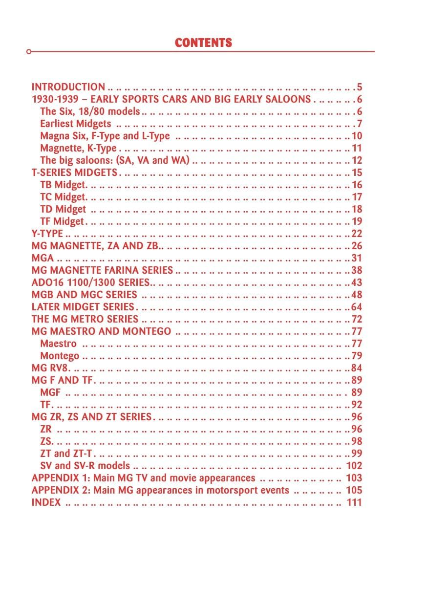 MG Cars 1930 to 2006: A Pictorial History Página de índice de livro listado capítulos e páginas sobre carros MG