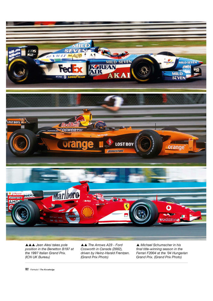 Formula 1 - The Knowledge 2nd Edition Três carros de Fórmula 1 com diferentes cores e patrocínios em pista de corrida.