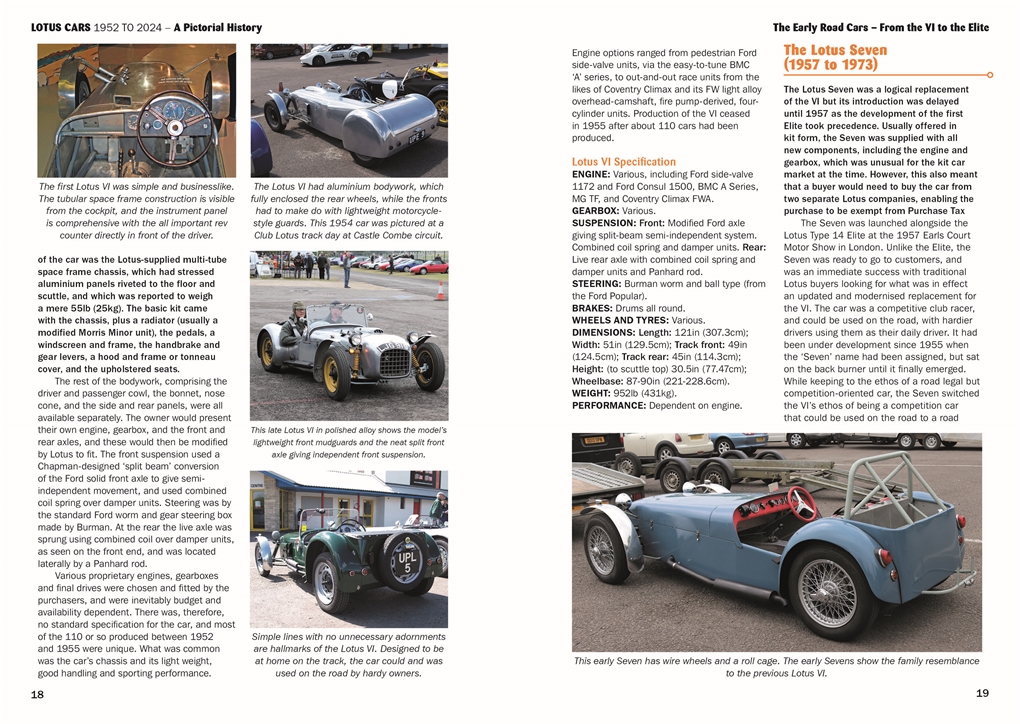 Lotus Cars 1952 to 2024: A pictorial History Páginas de livro com fotos de carros Lotus clássicos prateados e azul, com texto em inglês
