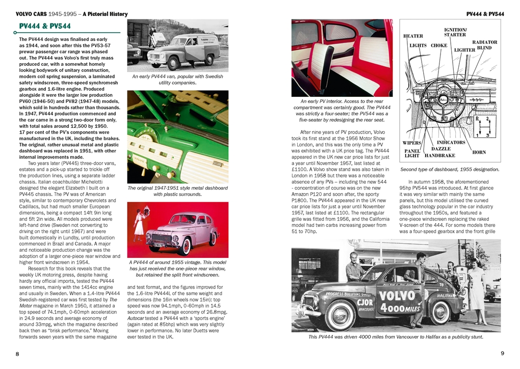 Volvo Cars 1945-1995: A Pictorial History Página dupla de livro sobre carros Volvo com imagens de veículos antigos e texto em inglês