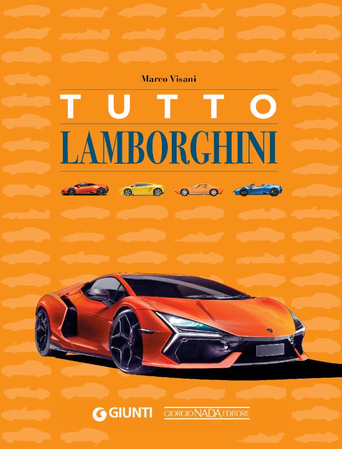 Tutto Lamborghini Capa de livro sobre Lamborghini com carros coloridos e fundo laranja