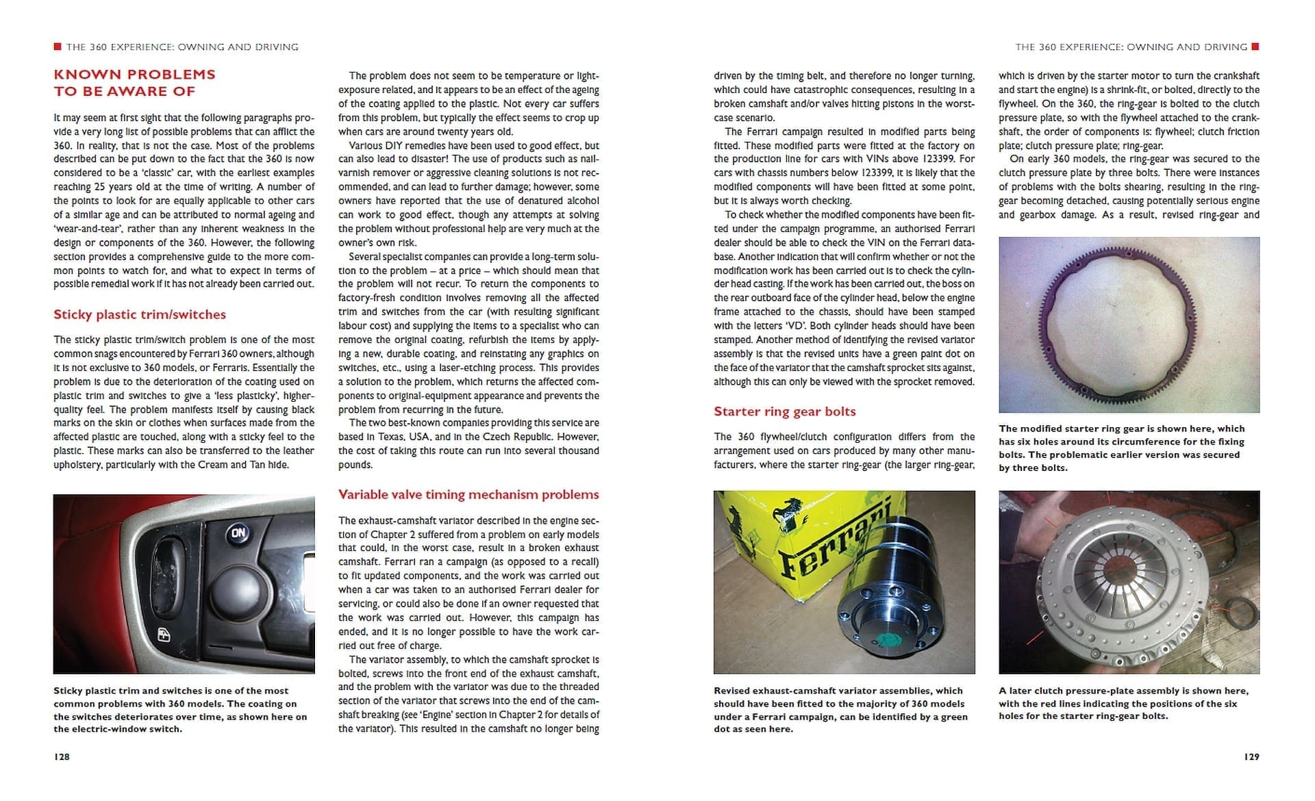 Ferrari 360: The complete story Páginas de livro sobre problemas e peças do Ferrari 360 com imagens técnicas