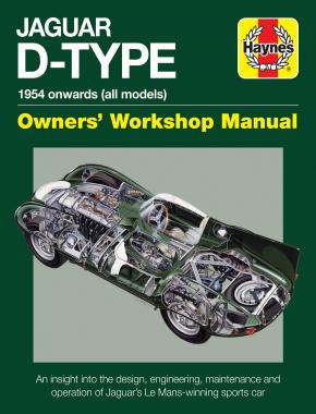 Jaguar D-Type Onwards (All Models) Owners WM Capa de manual técnico verde com título, logotipo Haynes e imagem de carro Jaguar D-Type com componentes internos visíveis