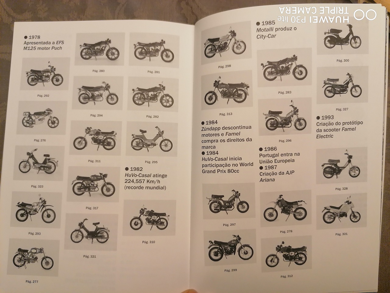 Motos de Portugal Imagens pequenas de motos clássicas com textos em português em página de livro ou catálogo.