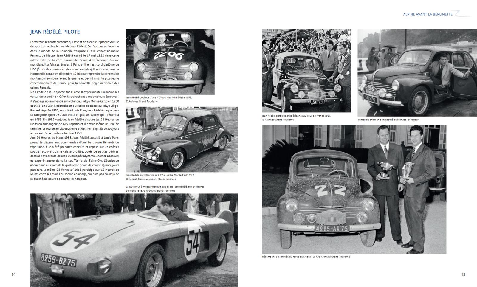 Alpine Berlinette A108 e A110 Página dupla com fotos e texto sobre carros clássicos Renault.