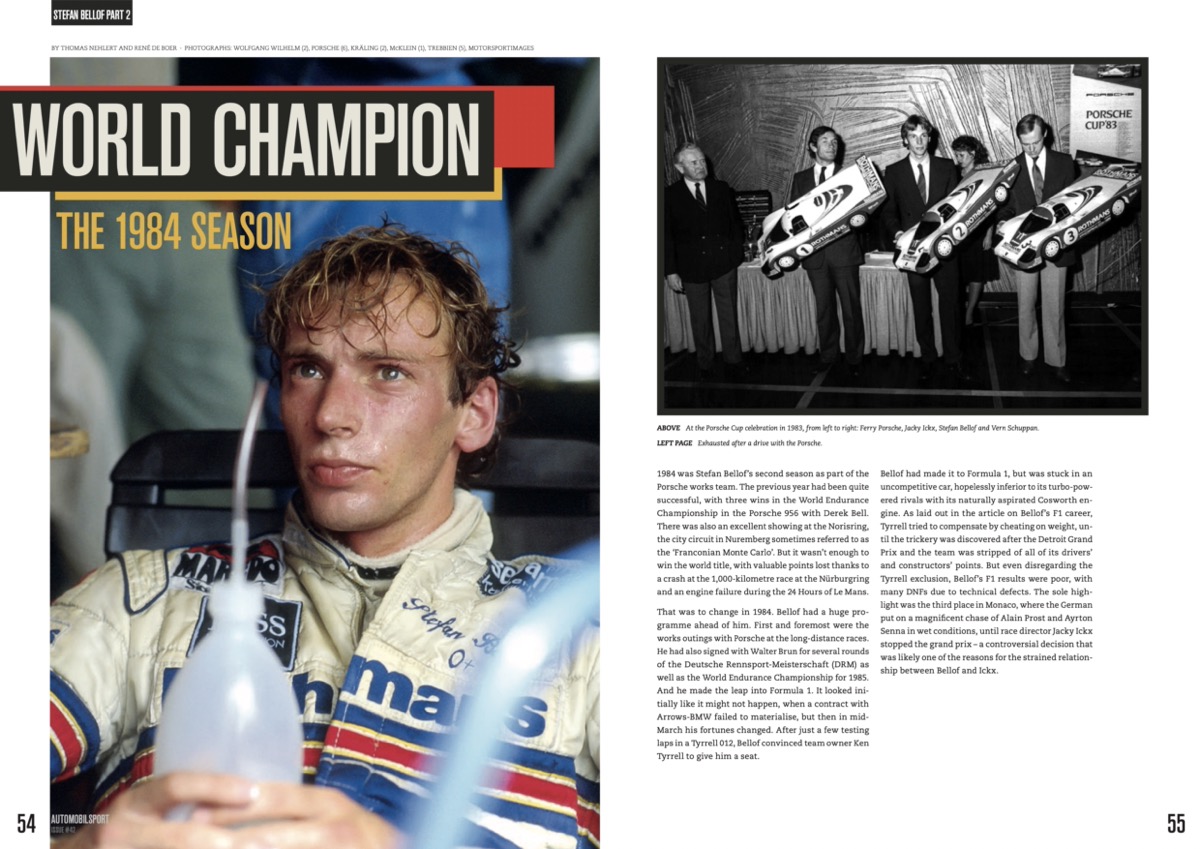 Stefan Bellof (Vol 42 Automobilsport) Páginas de revista com fotos de piloto e modelos de carros de corrida da temporada 1984 de Fórmula 1