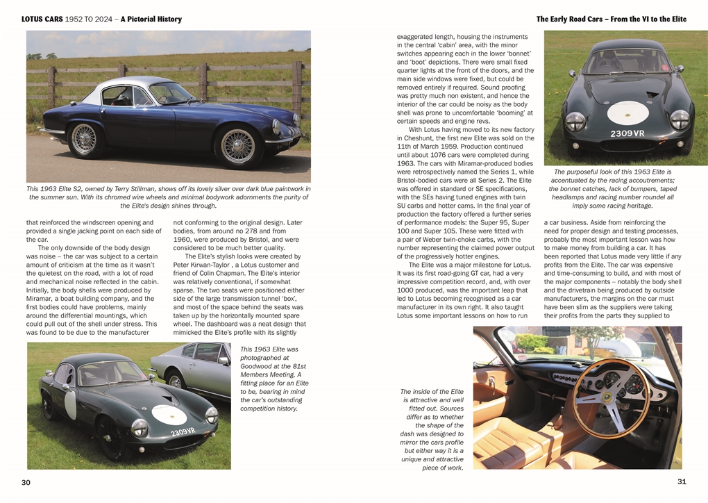 Lotus Cars 1952 to 2024: A pictorial History Dois carros clássicos Lotus em azul e verde com interiores em couro e volante de madeira