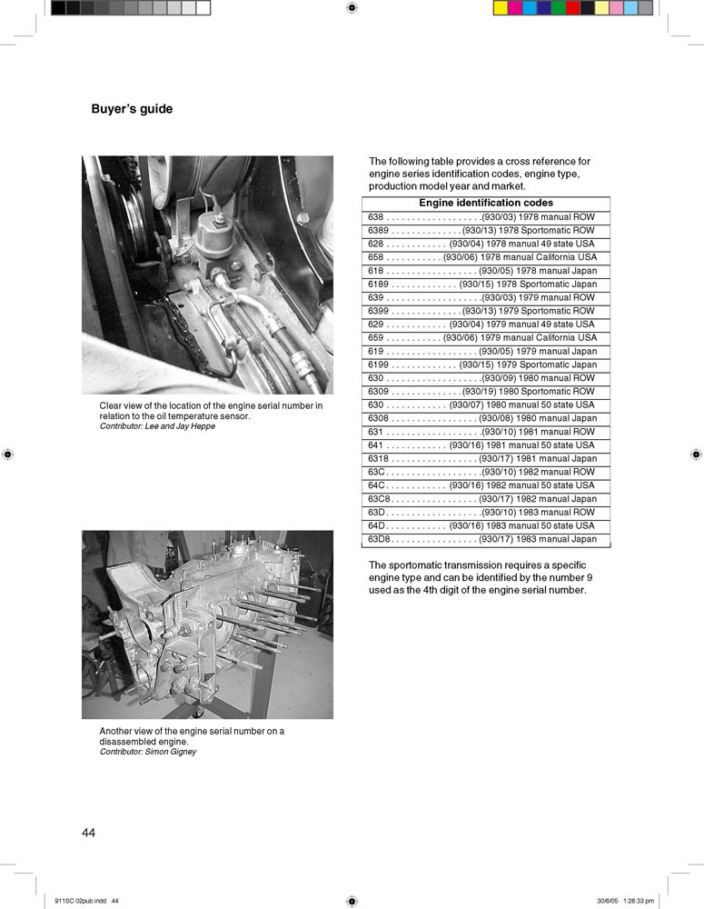 Porsche 911SC Super Carrera - Essential companion Página de guia de compra com imagens a preto e branco de motores e tabela de códigos de identificação