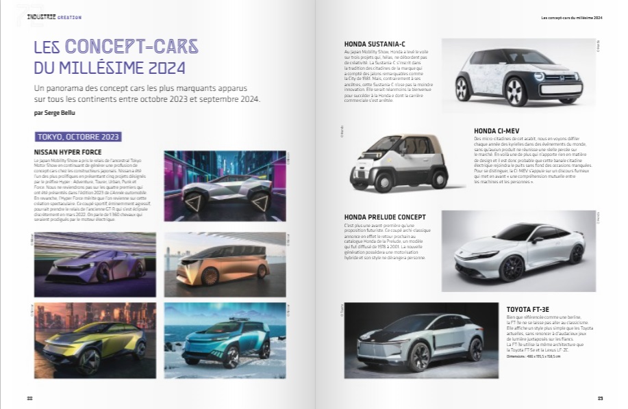 L'année automobile 2024-25 (Nr. 72) Duas páginas de revista com imagens e textos sobre carros conceito 2024.